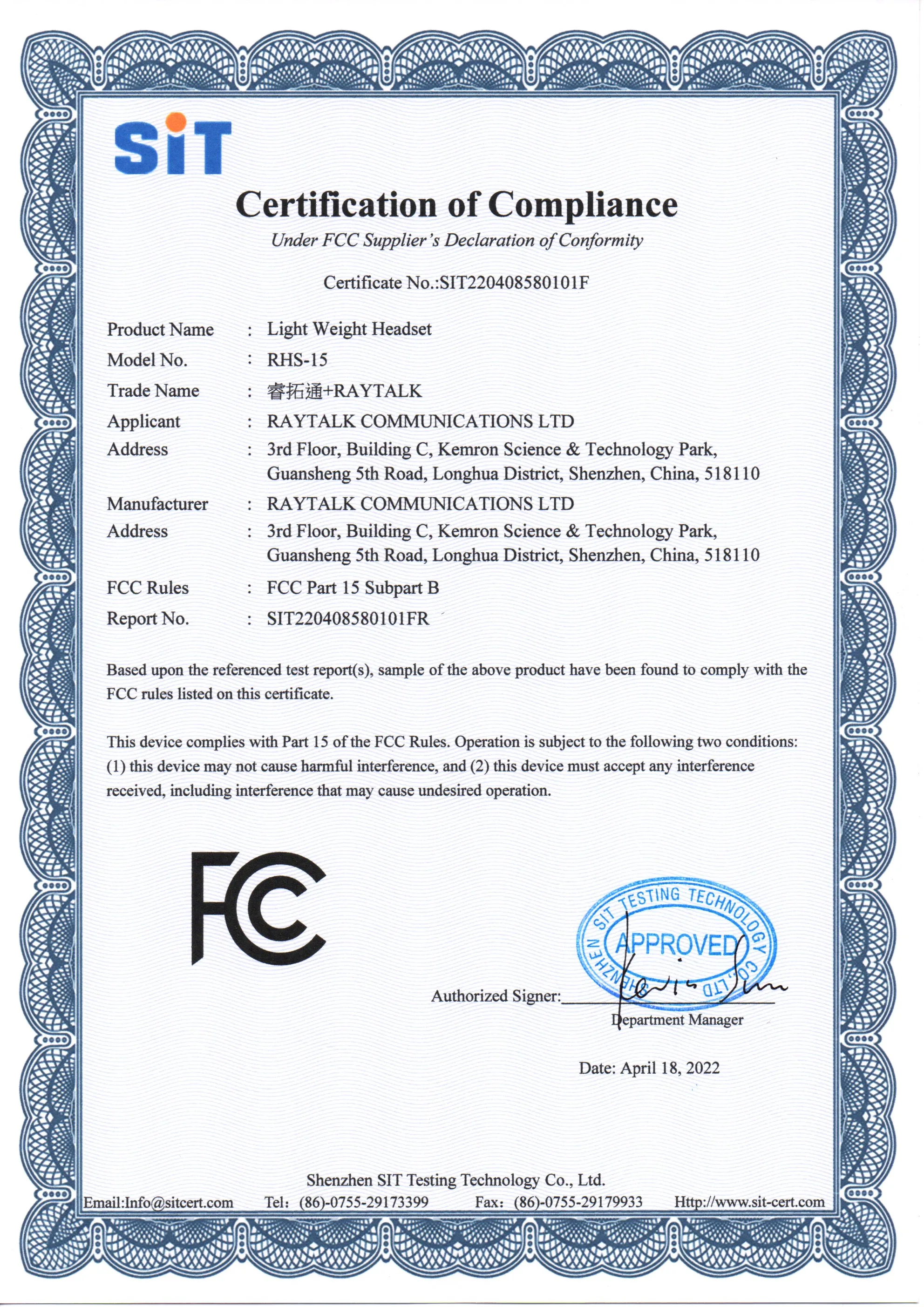 RAYTALK RHS-15 Light Weight Headset Certification of Compliance