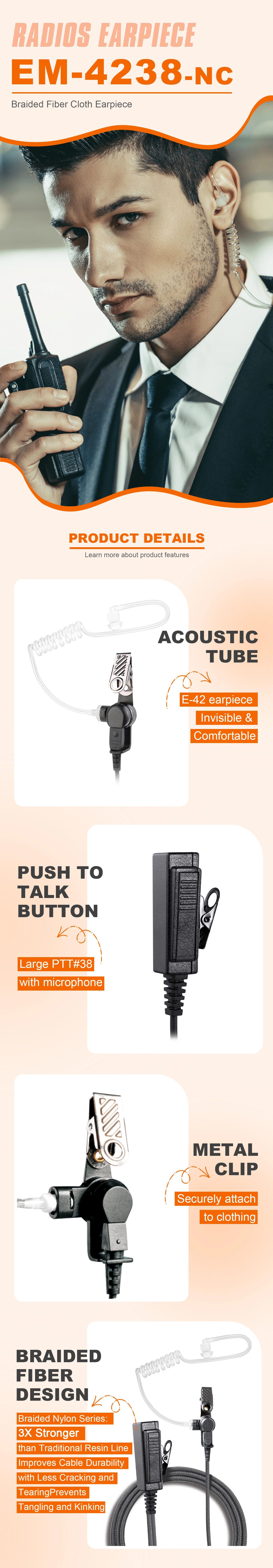 Details of EM-4238N Bodyguard Braided Cable Acoustic Ear Tube Earpiece with PTT for Intercom Radio