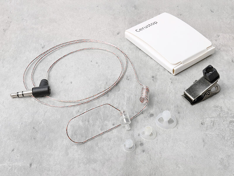 E-47 Police Earpiece for Motorola Walkie Talkie, clear acoustic tube earpiece with 3.5mm connector, replaceable ear tips, lapel clip and Cerustop filter.