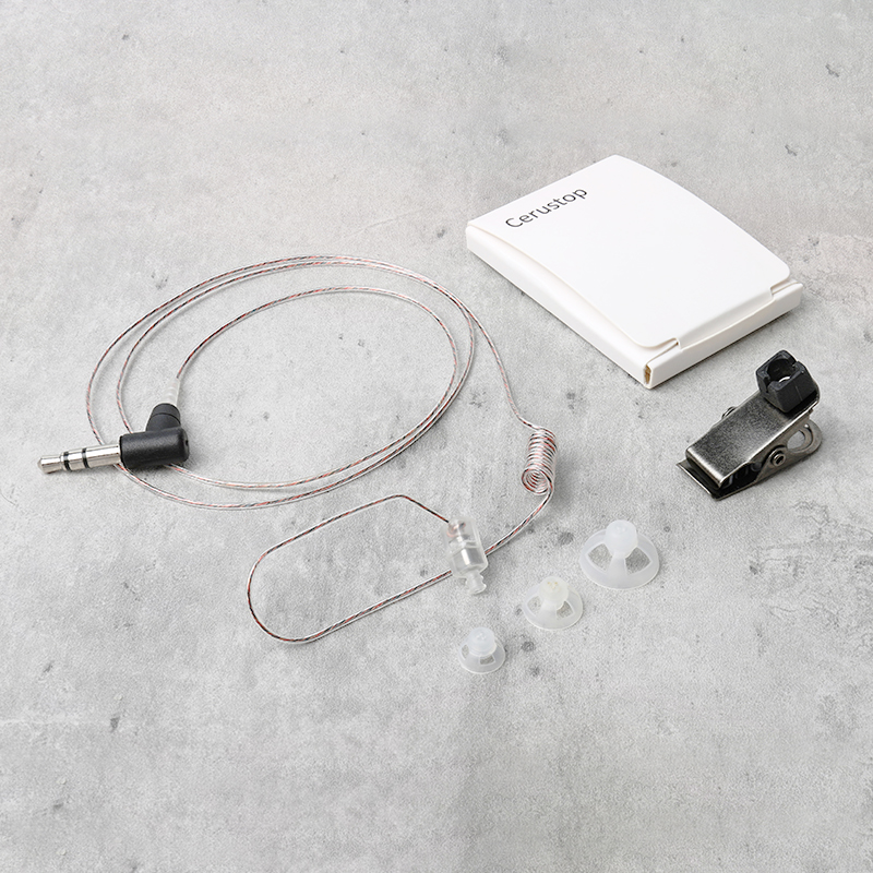 E-47 Police Earpiece for Motorola Walkie Talkie, clear acoustic tube earpiece with 3.5mm connector, replaceable ear tips, lapel clip and Cerustop filter.
