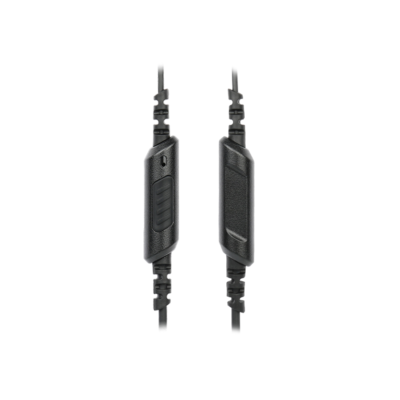 EM-3449 two-way radio earpiece with slimline push-to-talk button, showing the compact PTT button in detail