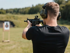 A shooting enthusiast is training with noise-canceling headphones