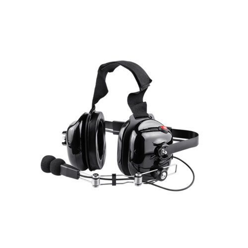 B-51Q two-way radio headset in black with padded ear cups, adjustable head strap, and boom microphone with foam windscreen.