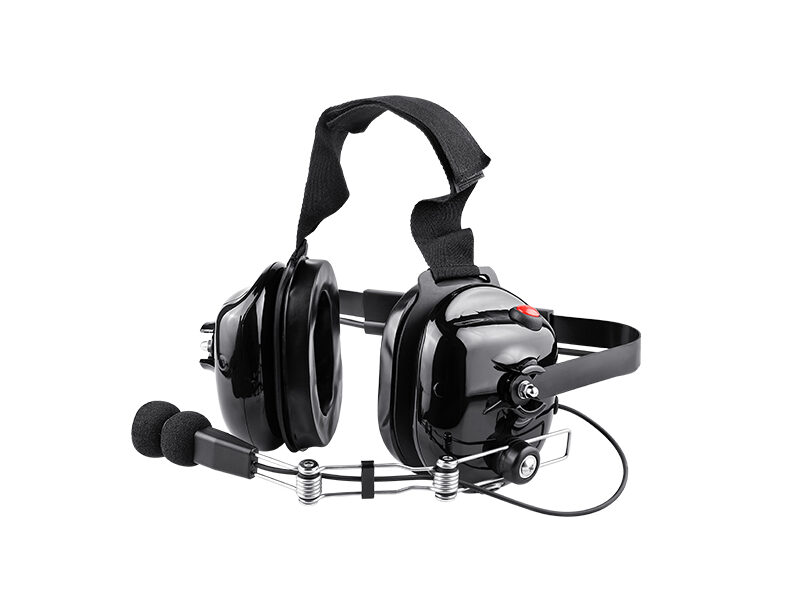 B-51Q two-way radio headset in black with padded ear cups, adjustable head strap, and boom microphone with foam windscreen.