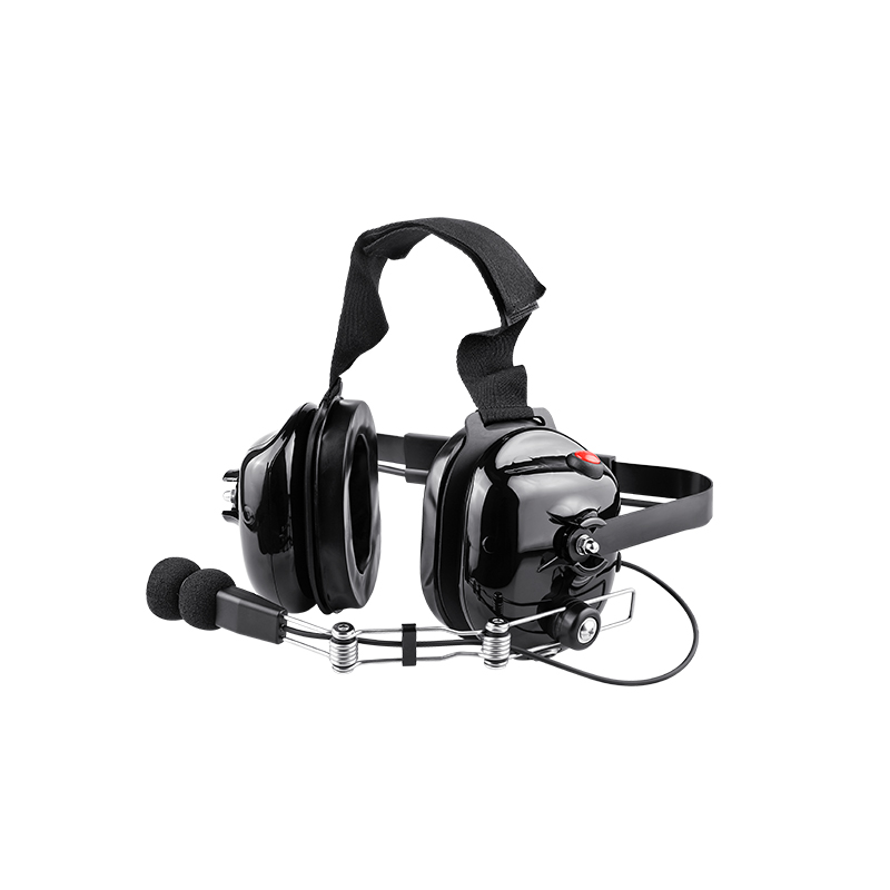 B-51Q two-way radio headset in black with padded ear cups, adjustable head strap, and boom microphone with foam windscreen.