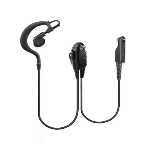 EM-2023V Walkie Talkie Earpiece and Microphone with G-shaped ear hook, designed for hands-free two-way radio communication.