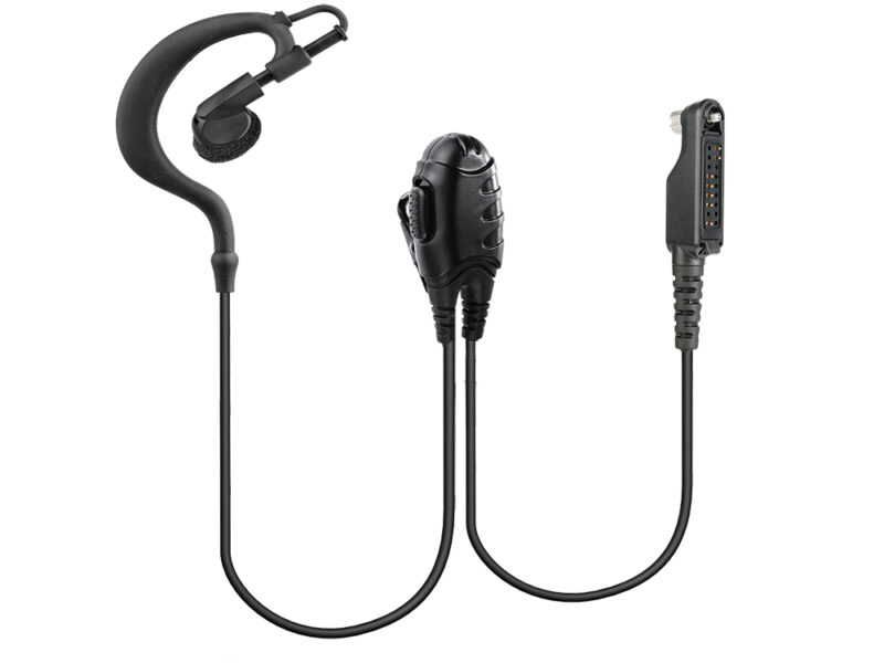 EM-2023V earpiece walkie talkie with G-shaped ear hook, designed for hands-free two-way radio communication.