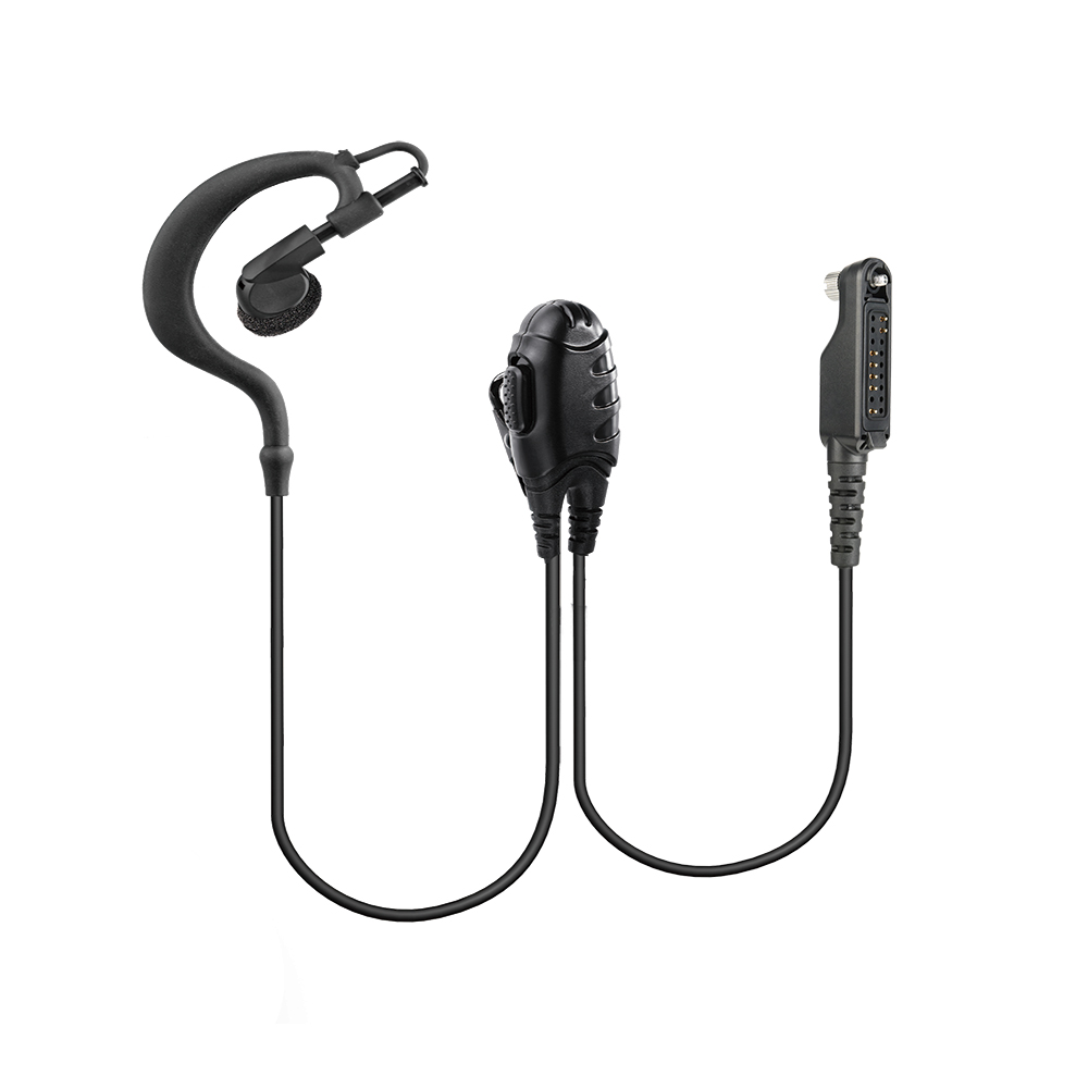 EM-2023V earpiece walkie talkie with G-shaped ear hook, designed for hands-free two-way radio communication.