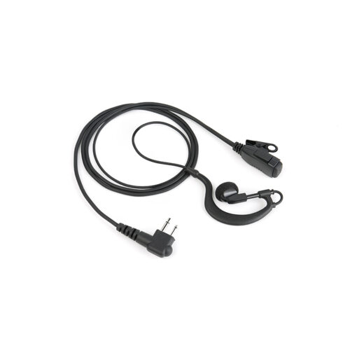 EM-2027 G-Hook earpiece for walkie-talkies, featuring a push-to-talk (PTT) button and M1 connector, compatible with popular Motorola radios