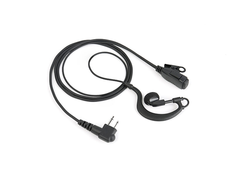 EM-2027 G-Hook earpiece for walkie-talkies, featuring a push-to-talk (PTT) button and M1 connector, compatible with popular Motorola radios