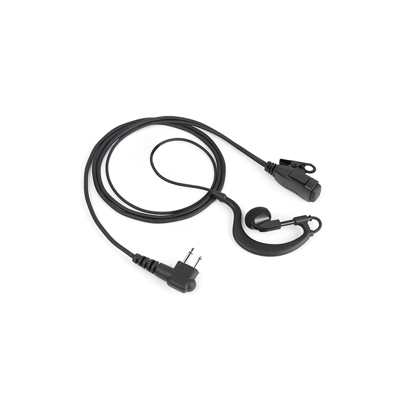 EM-2027 G-Hook earpiece for walkie-talkies, featuring a push-to-talk (PTT) button and M1 connector, compatible with popular Motorola radios