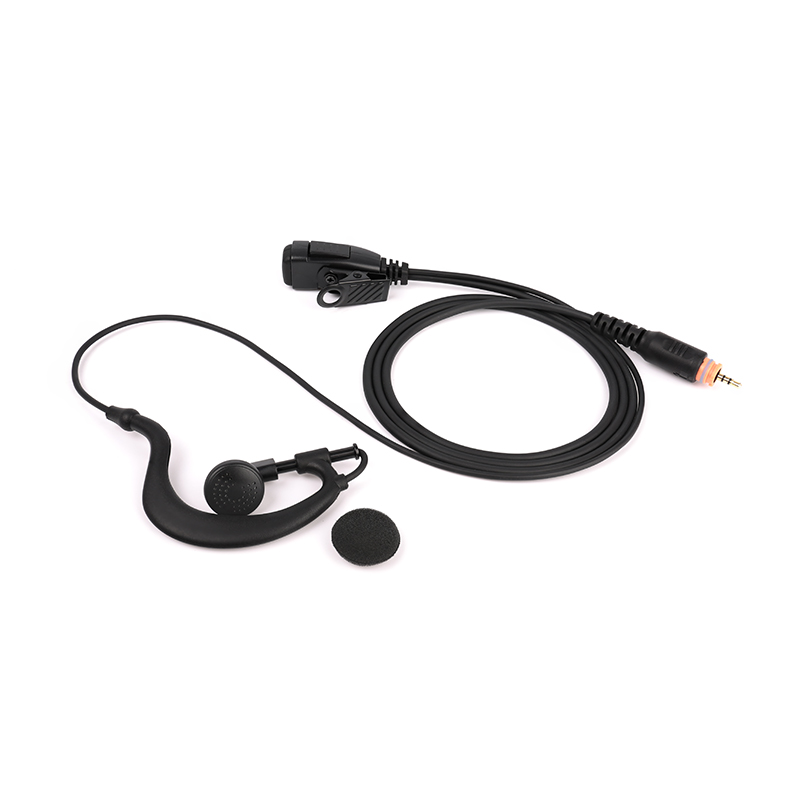 Two-way radio earphones EM-2027 with M15 Motorola connector and ear cover, displayed together on a surface