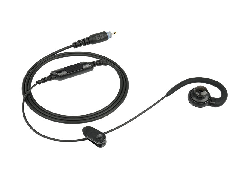 EM 3449 2-way radio earpiece with mic featuring in-ear design, clear sound speaker, inline microphone, and durable clip for professional communication