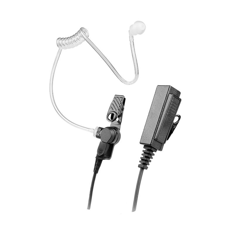 EM-4238 1-wire surveillance earpiece featuring a discreet, clear acoustic tube and a convenient push-to-talk button