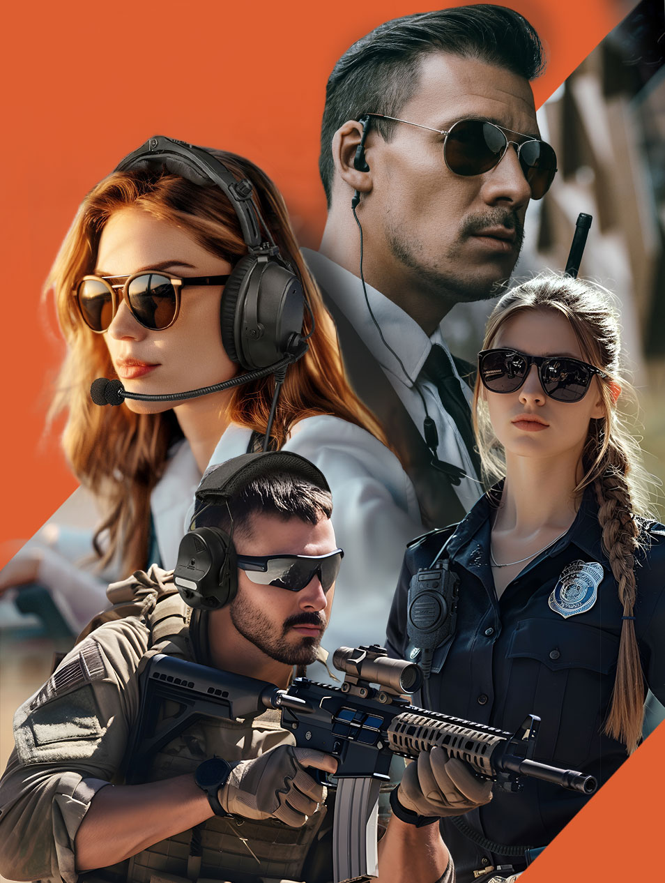 Professionals using aviation headset and two way radio accessories from RayTalk Communications, raytalk ODM service and wholesale supplier solutions for security, military and commercial communication.