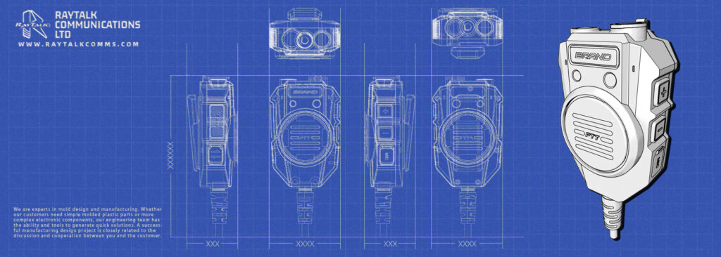 Blueprint and 3D design of two way radio accessories showcasing RayTalk engineering, design, and manufacturing expertise.
