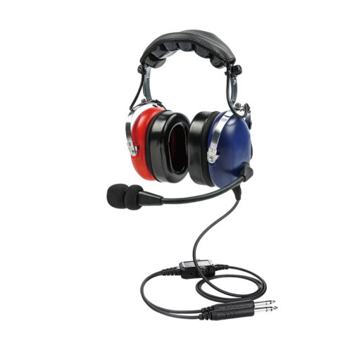 PH-100AK children's airplane headsets with red and blue contrasting earcups and straight cable.