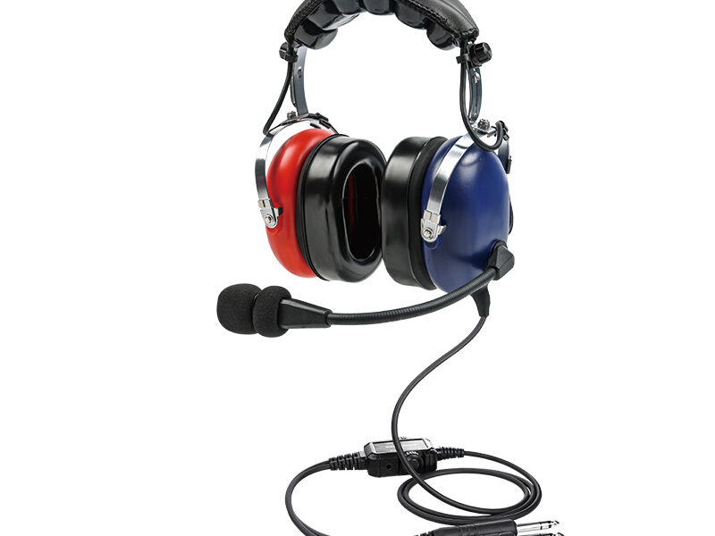 PH-100AK children's airplane headsets with red and blue contrasting earcups and straight cable.