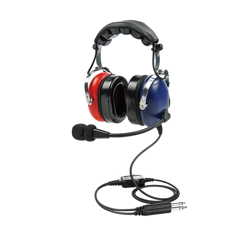 PH-100AK children's airplane headsets with red and blue contrasting earcups and straight cable.