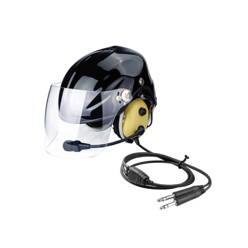PH-HM100 aviation helmets with headsets, black over-ear communication headset with boom microphone, and padded headband.