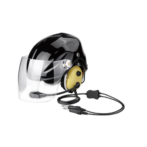 PH-HM100 paragliding headset, black aviation helmet with built-in headset, clear face shield, boom microphone, and dual plug cable.