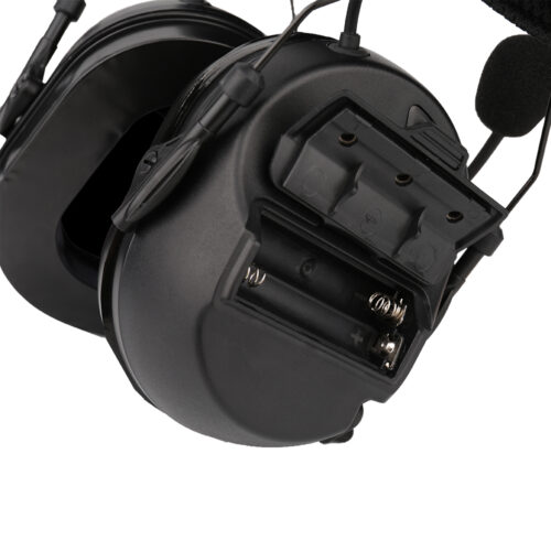 RE10 stealth black tactical headset showing open battery slot, no batteries inside