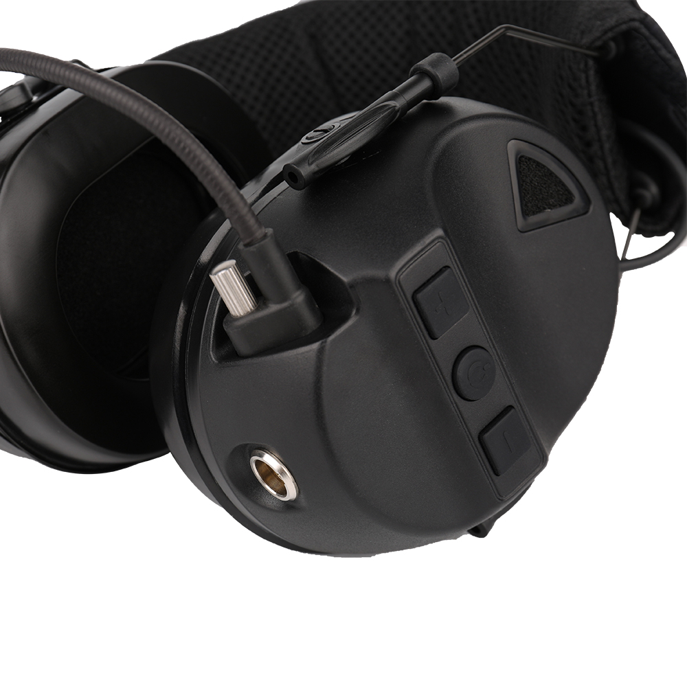 RE10 stealth black tactical headset showing volume and power controls with quick-disconnect port