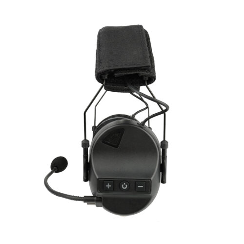 Side view of RE10 black military-grade headset showing volume and power buttons
