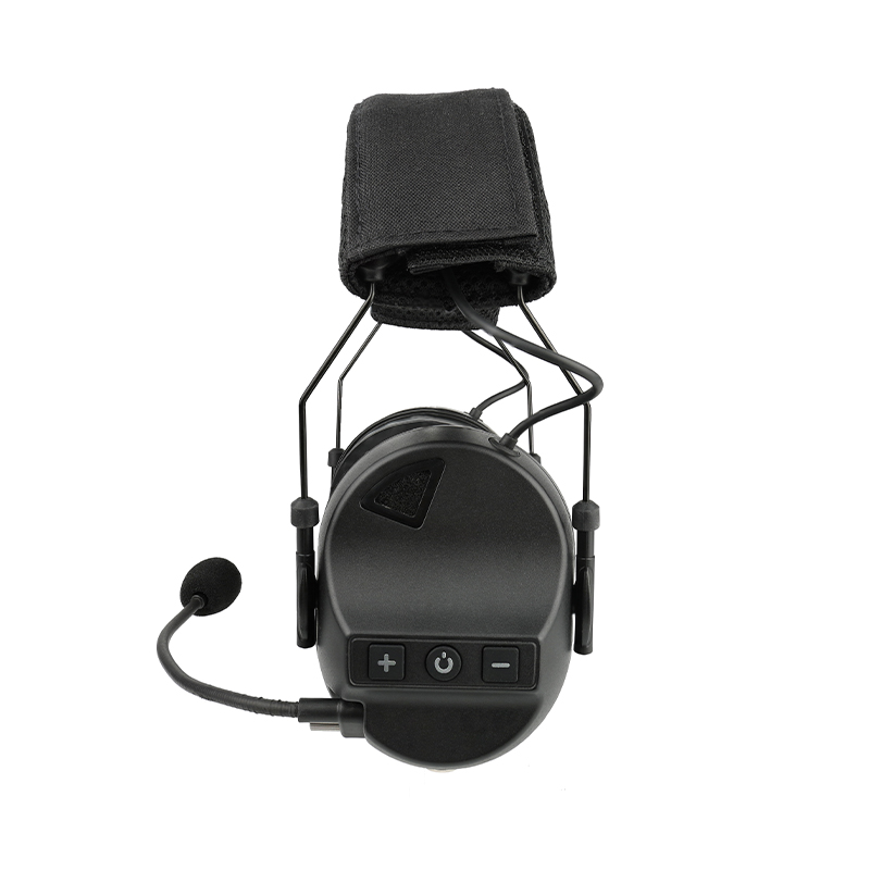 Side view of RE10 black military-grade headset showing volume and power buttons