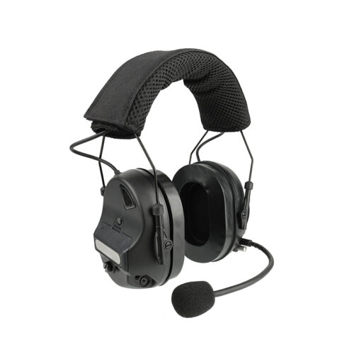 45 degree angle view of All-black tactical headset RE10