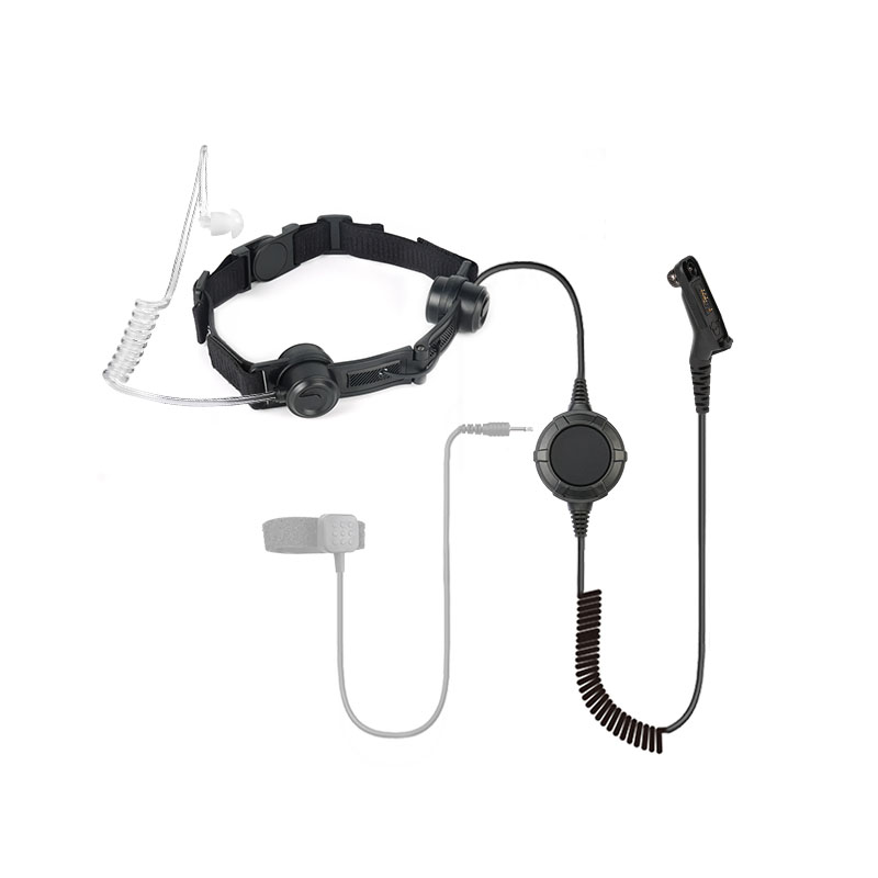 RTM-0340 throat microphones with large round PTT, featuring a quick-disconnect port compatible with finger ring PTT