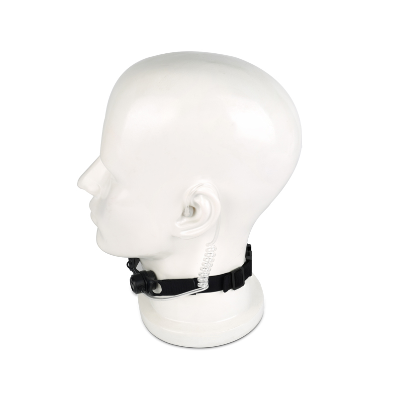 RTM-0340 throat microphone securely worn on the model's neck, side view, with invisible acoustic tube earpiece on the model's ear