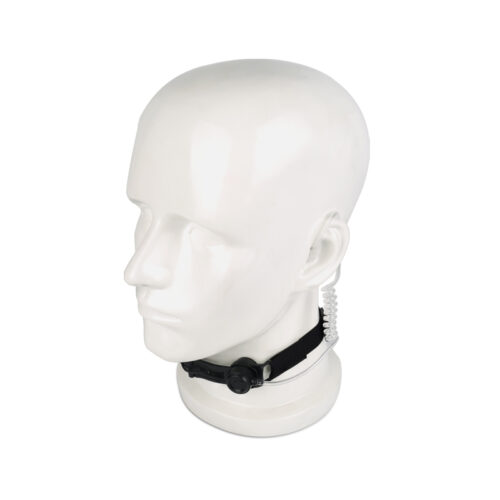 RTM-03 throat microphone securely worn on the model's neck at a 45-degree angle