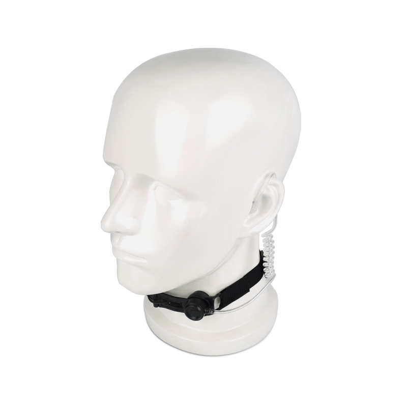 RTM-03 throat microphone securely worn on the model's neck at a 45-degree angle