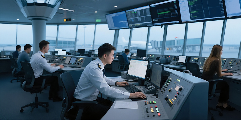 An air traffic controller wearing an aviation headset is working.