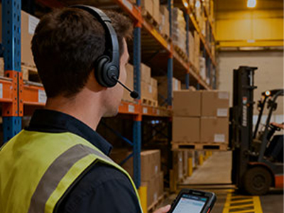 Warehouse workers wearing RayTalk Bluetooth radio communication accessories, enabling hands-free teamwork and solving communication delays in logistics operations