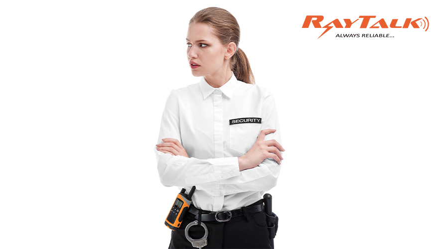 Female security guards wear Bluetooth or monitoring walkie talkie earbuds