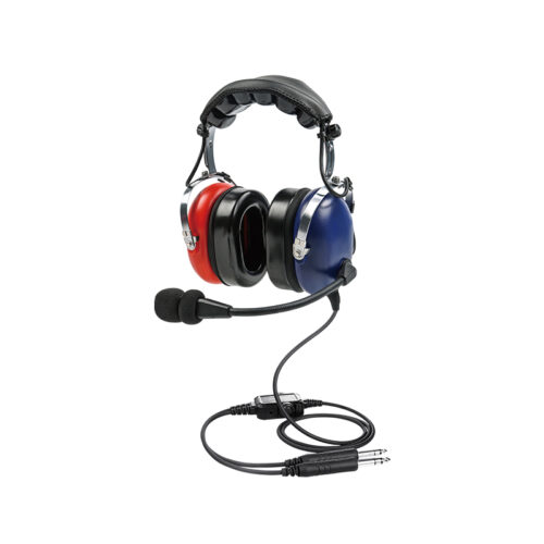PH-100AK children's airplane headsets with red and blue contrasting earcups and straight cable.
