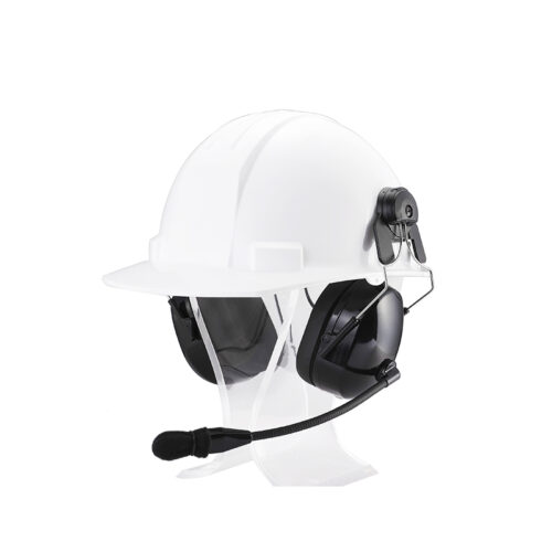 RAN-3100Q two way radio headphones RAN-3100Q two way radio headphones designed for helmet mounting, featuring cushioned ear cups and a flexible boom microphone, without a traditional headband