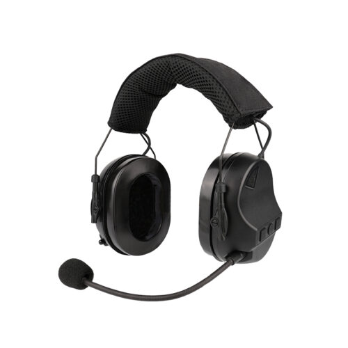 RE-10 black tactical headset Front view of RE10 tactical headset with camouflage padding for military training