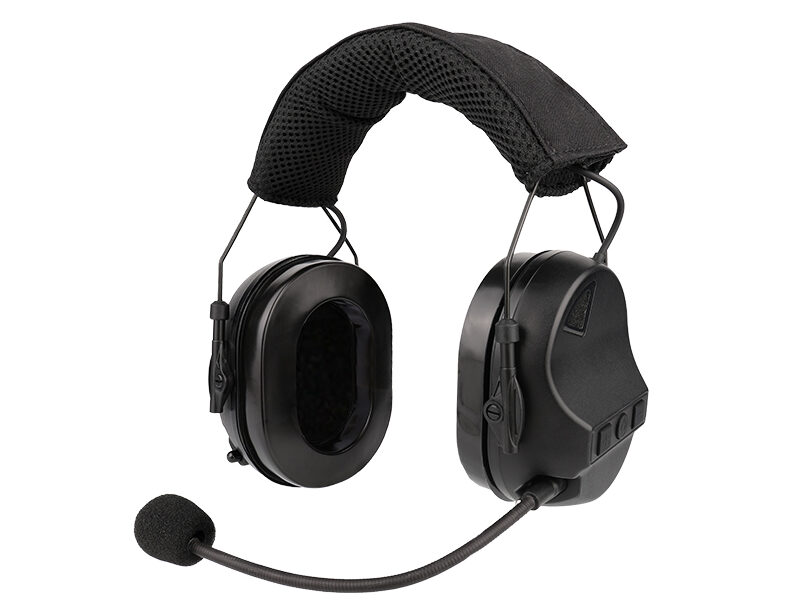 Front view of RE10 tactical headset with camouflage padding for military training