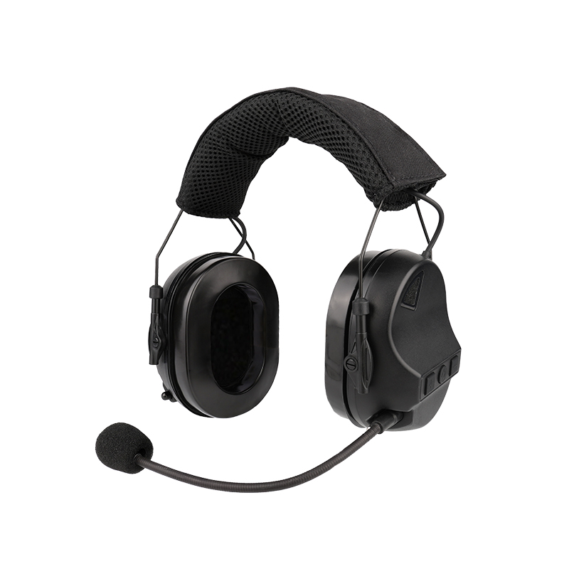 RE-10 black tactical headset Front view of RE10 tactical headset with camouflage padding for military training