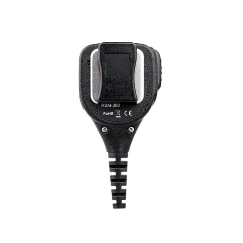 RSM-300 hand mic for Motorola Back view of the RSM-300 hand microphone for Motorola, featuring a rotatable clip for secure attachment