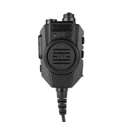 Front view of the IP67 rated RSM-600 two-way radio speaker mic showing the high-output speaker, large round PTT button, and front microphone Front view of the IP67 rated RSM-600 two-way radio speaker mic showing the high-output speaker, large round PTT button, and front microphone
