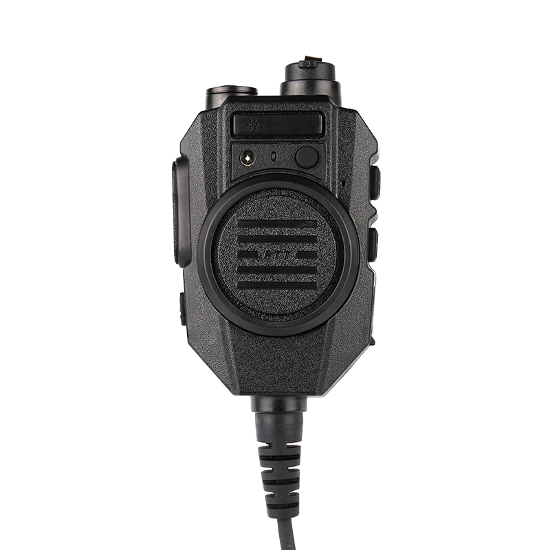 Front view of the IP67 rated RSM-600 two-way radio speaker mic showing the high-output speaker, large round PTT button, and front microphone Front view of the IP67 rated RSM-600 two-way radio speaker mic showing the high-output speaker, large round PTT button, and front microphone