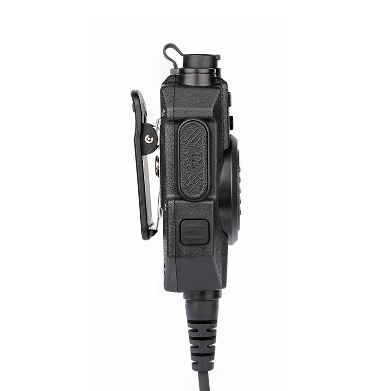Side view of the RSM-600 waterproof shoulder microphone showing the talk button for hands-free operation Side view of the RSM-600 waterproof shoulder microphone showing the talk button for hands-free operation