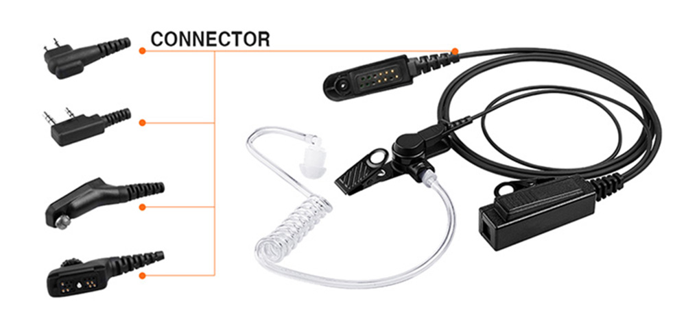 acoustic tube earphone with interchangeable connectors, allowing different plug types to match various radio models