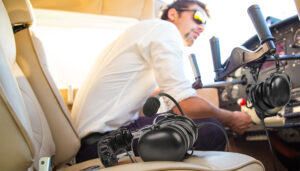 Male pilot in the cockpit preparing for flight, with aviation headsets placed on the co-pilot seat and control yoke, navigating the skies