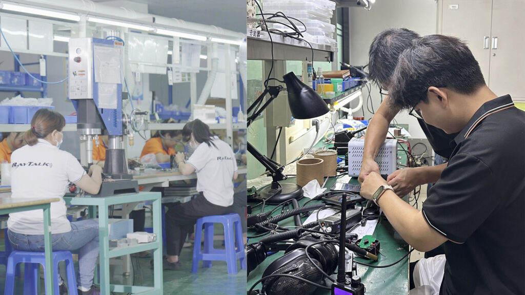 R&D engineers testing headsets, factory producing high quality communication accessories.