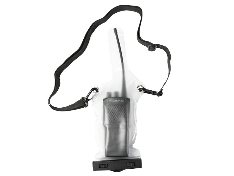 VR-12 waterproof carry case with a walkie-talkie stored inside